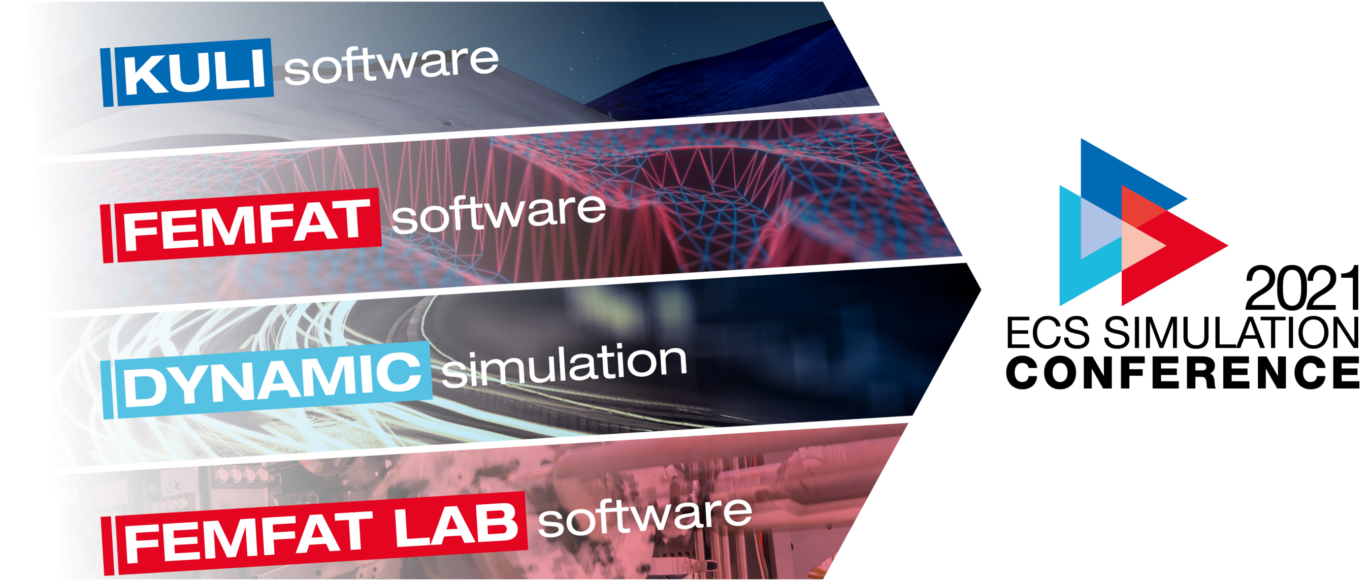 Logo ECS simulation conference 2021 including software solutions Logo of the event ECS simulation conference 2021 plus the four logos of the software solutions KULI, FEMFAT, DYNAMIC, and FEMFAT LAB
