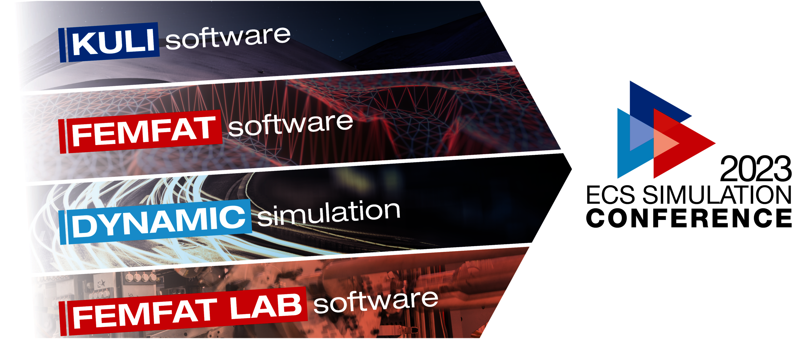 Logo ECS simulation conference 2023 including software solutions Logo of the event ECS simulation conference 2023 plus the four logos of the software solutions KULI, FEMFAT, DYNAMIC, and FEMFAT LAB